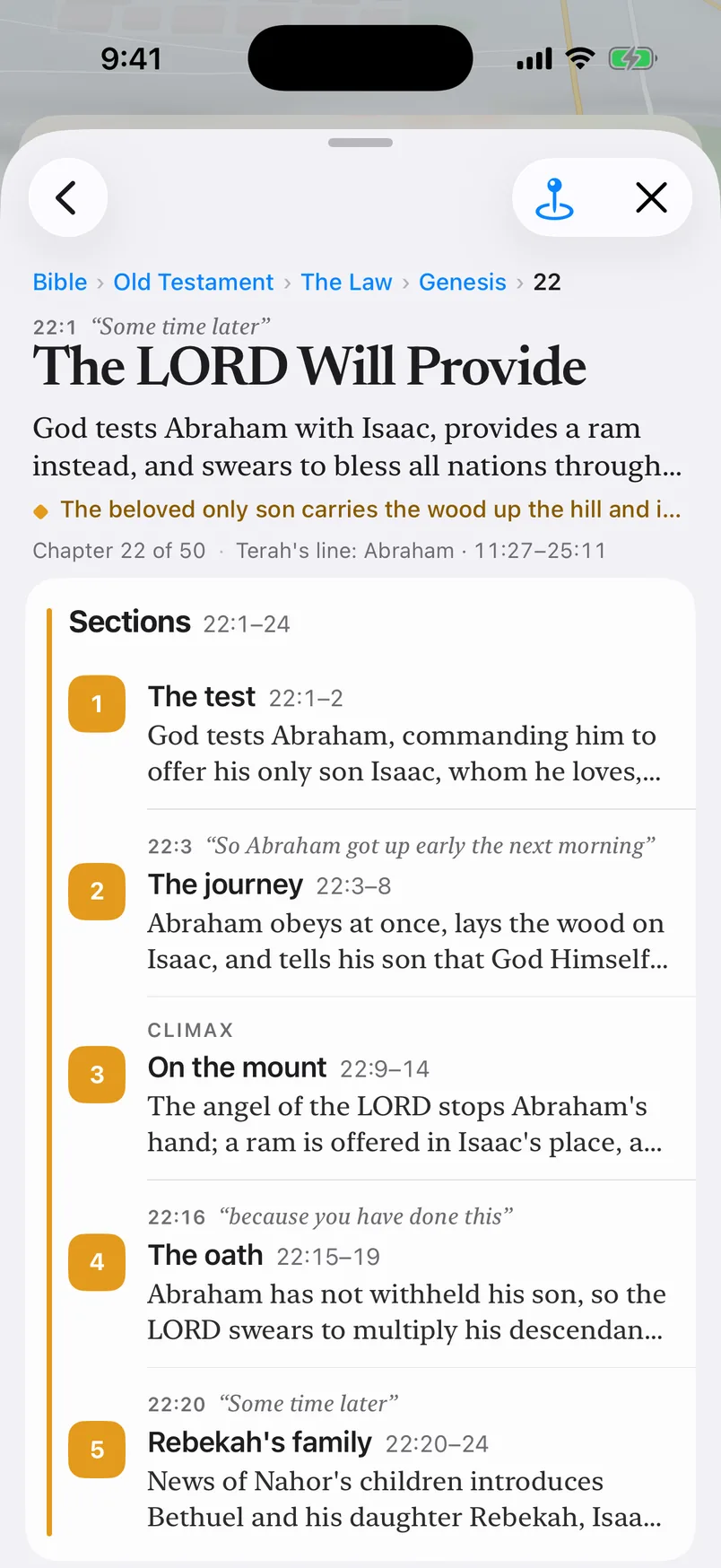 The Outline for Genesis 22, The LORD Will Provide: five sections, The test, The journey, On the mount (marked as the climax), The oath and Rebekah’s family.