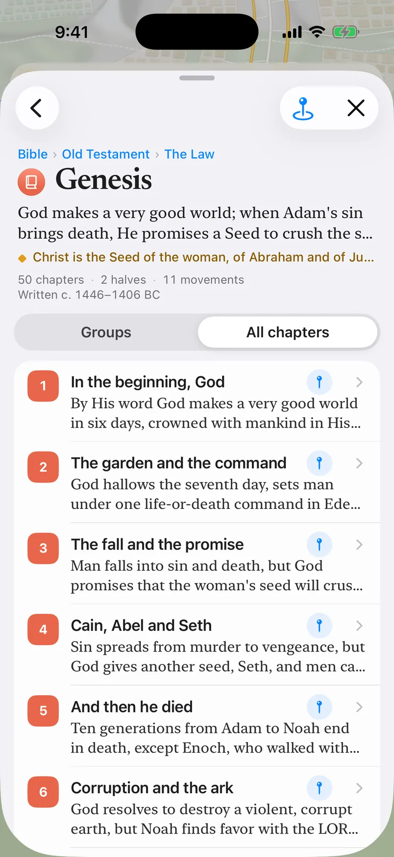 The Outline for Genesis on All chapters: 50 chapters, 2 halves and 11 movements, then every chapter in order with its title and one line on what it says, from 1, In the beginning, God, to 6, Corruption and the ark.