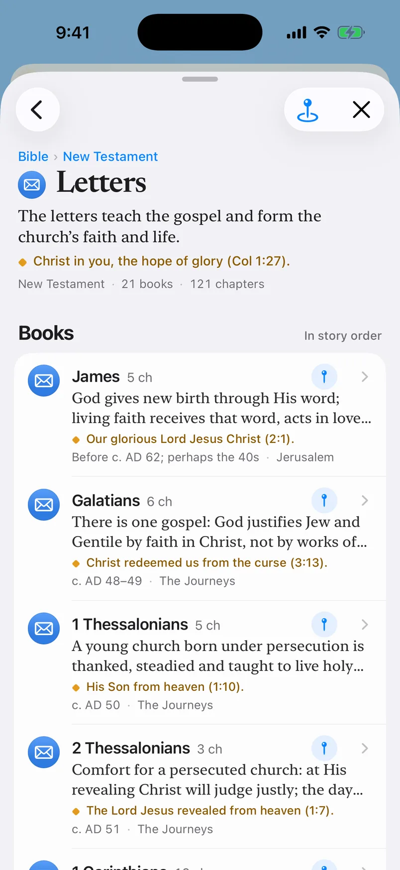 The Outline for the Letters: 21 books and 121 chapters in story order, starting with James, Galatians and 1 and 2 Thessalonians, each dated and placed.