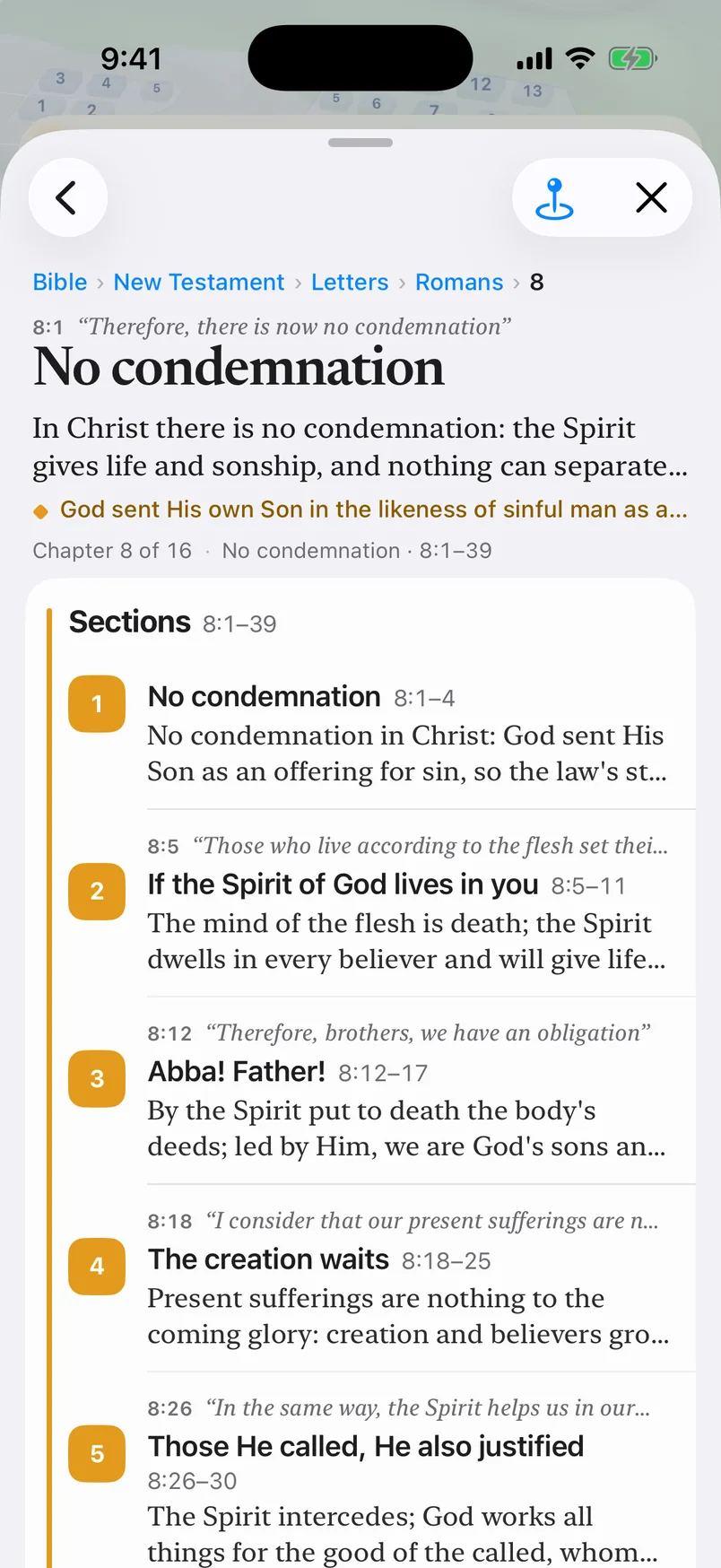 The Outline for Romans 8, No condemnation: its sections, from No condemnation and If the Spirit of God lives in you to Abba! Father!, The creation waits and Those He called.