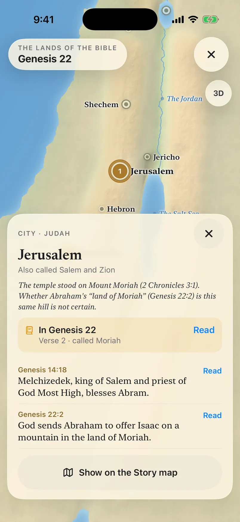 A place card in the app: Jerusalem, also called Salem and Zion, on the lands of the Bible map, with the verse in Genesis 22 that calls it Moriah and the other passages that happened there.