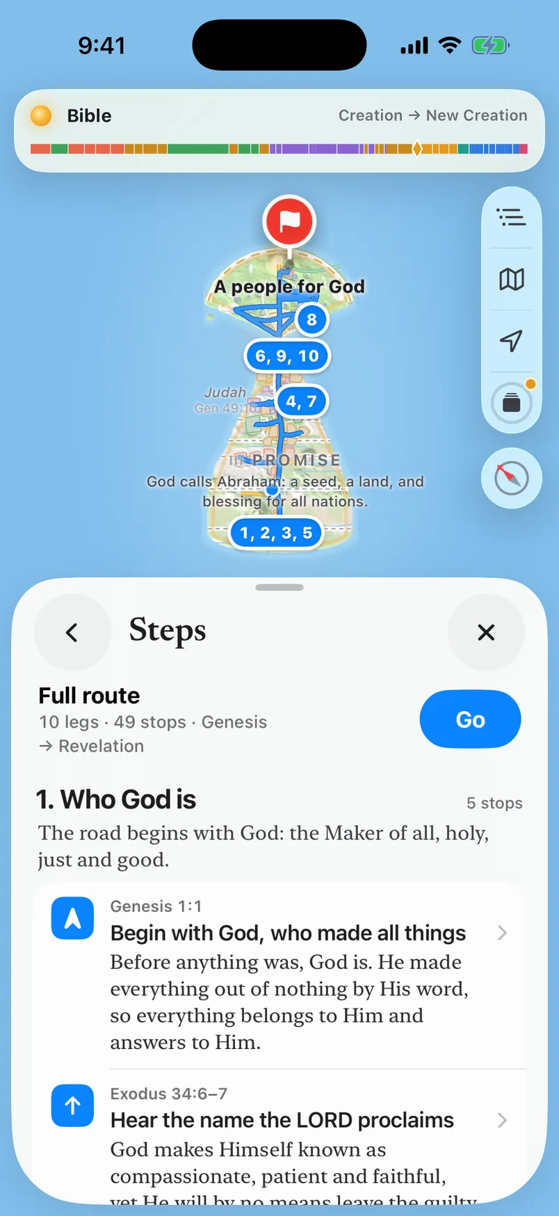 The gospel as directions in the app: the full route of 10 legs and 49 stops from Genesis to Revelation, starting with Who God is, drawn on the map as numbered stops.