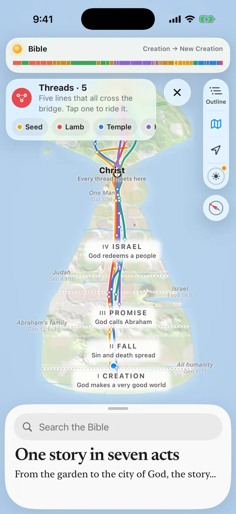 The whole map in Theology in the app with Threads on: five lines, Seed, Lamb, Temple, King and Exodus, run up from the Fall through Israel and meet at Christ, where every thread meets.