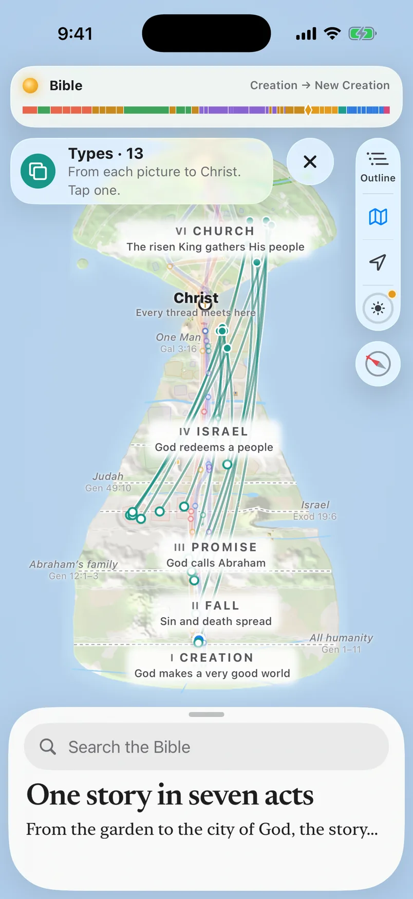 The whole map in the app with Types on: 13 types, each drawn as a green line from a picture in the Old Testament to Christ.
